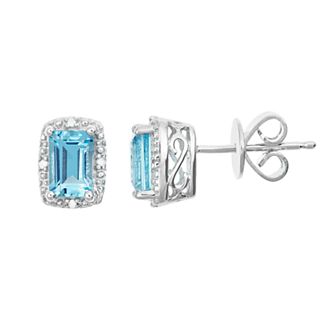 Celebration Gems Sterling Silver Blue Topaz & Diamond Accent Rectangle Halo Stud Earrings