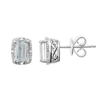 Celebration Gems Sterling Silver White Topaz & Diamond Accent Rectangle Halo Stud Earrings