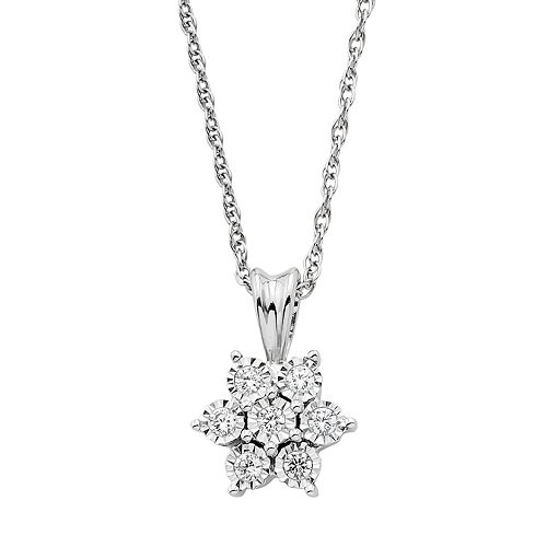Sterling Silver 1/10 T.W. Diamond Cluster Flower Pendant Necklace