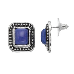 Blue Rectangle Cabochon Antiqued Drop Earrings