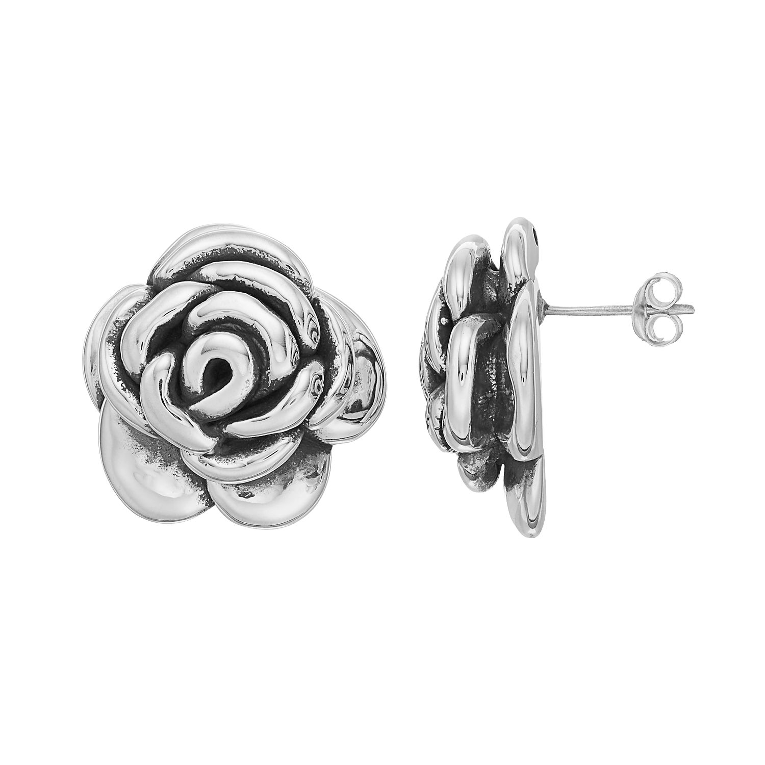 silver rose earrings