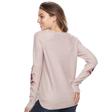 Juniors' Cloud Chaser Scoopneck Embroidered-Sleeve Sweater