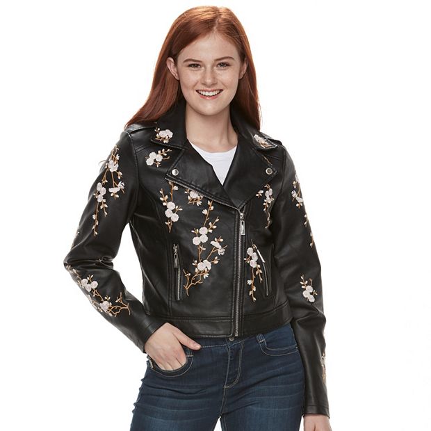 Floral Embroidered Faux Leather Jacket - Black Women's Size Medium