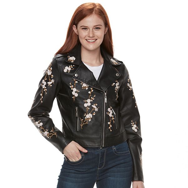 Juniors' J-2 Floral Embroidered Moto Faux-Leather Jacket