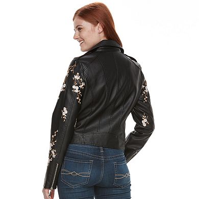 Juniors' J-2 Floral Embroidered Moto Faux-Leather Jacket