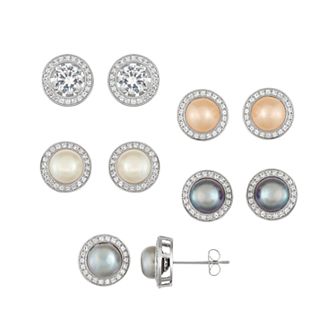 Classic Treasures Sterling Silver Dyed Freshwater Cultured Pearl & Lab-Created White Sapphire 5-Pair Halo Earring Set