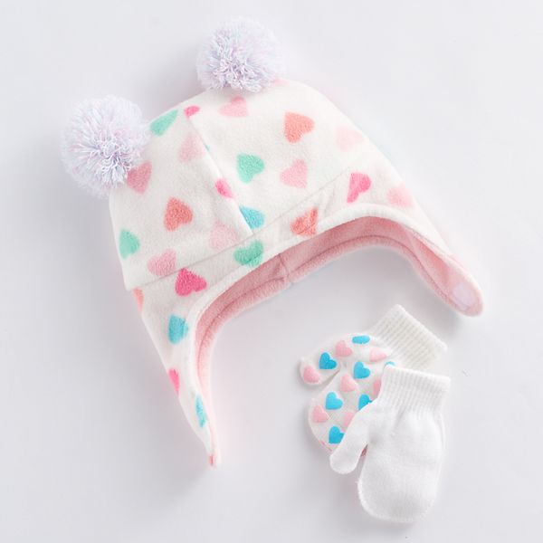 Baby Girl Heart Pom Pom Hat Mittens Set