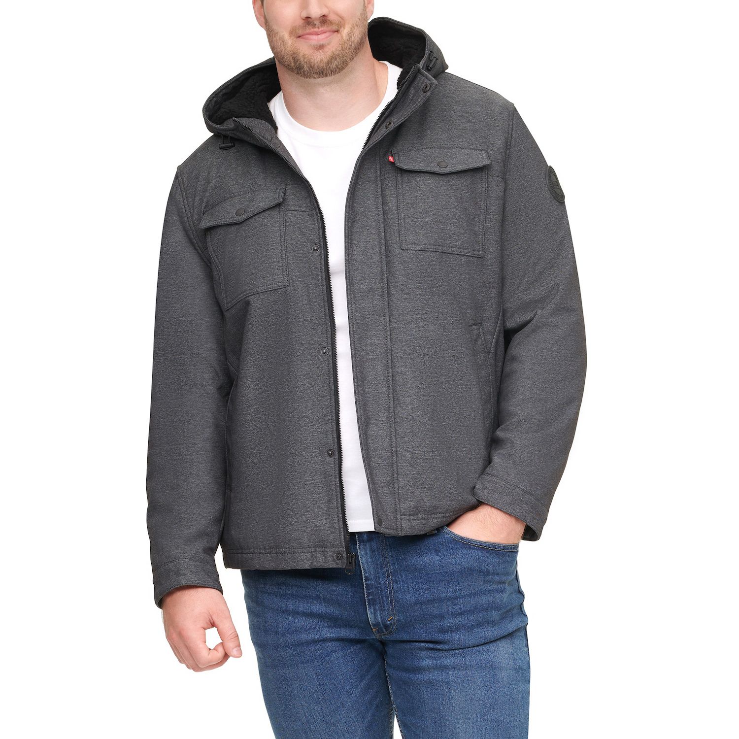 levi's men's soft shell hooded trucker jacket with sherpa fleece lining