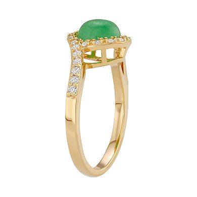 18k Gold Over Silver Jade & Cubic Zirconia Halo Ring