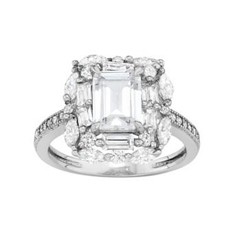 Sterling Silver Cubic Zirconia Rectangle Halo Ring