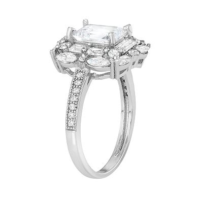 Sterling Silver Cubic Zirconia Rectangle Halo Ring