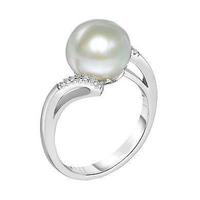 Sterling Silver Freshwater Cultured Pearl & Lab-Created White Sapphire Bypass Ring