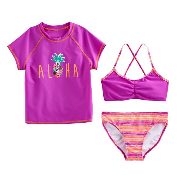 Girls 7-16 SO® 3-pc. Aloha Bikini & Rashguard Swimsuit Set