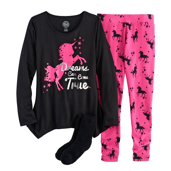 Girls 4 14 So Foil Printed Graphic Handkerchief Hem Tunic Thermal Fleece Leggings Fuzzy Slipper Socks Pajama Set
