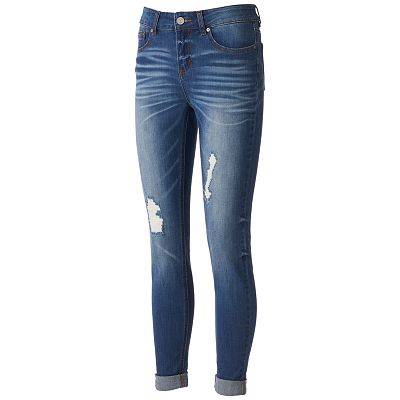 Juniors' Indigo Rein Faded Ripped Ankle Skinny Jeans