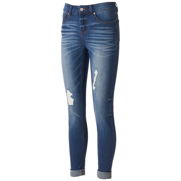 Juniors' Indigo Rein Faded Ripped Ankle Skinny Jeans