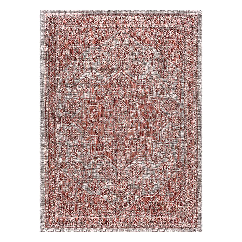 KHL Rugs Veranda Vaux Framed Floral Indoor Outdoor Rug, Red/Coppr, 8X10 Ft