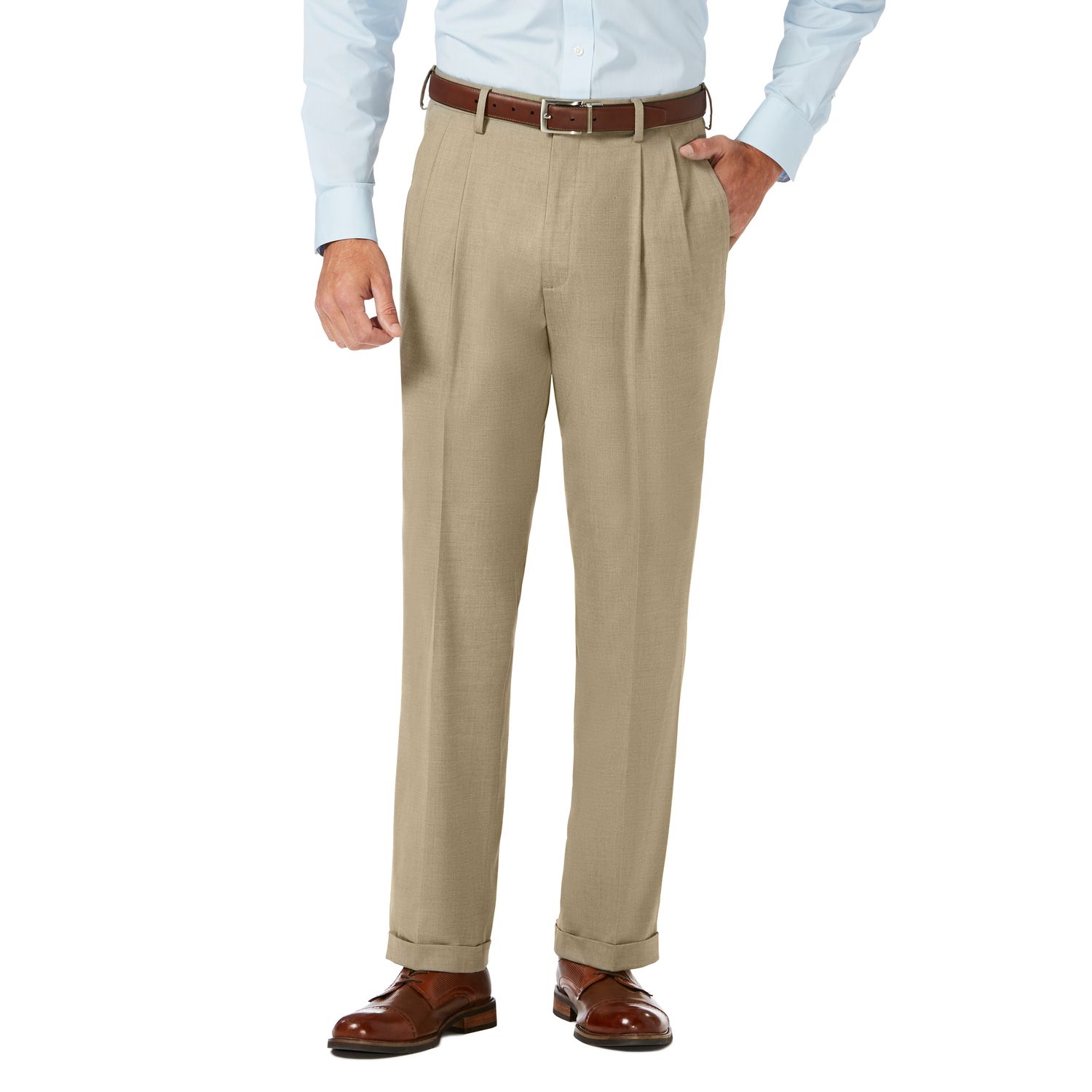 Haggar Mens Two Tone Herringbone Expandable Waist Pleat Front Dress Pant