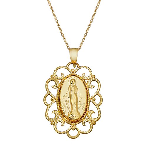 Everlasting Gold 10k Gold Filigree Virgin Mary Pendant Necklace