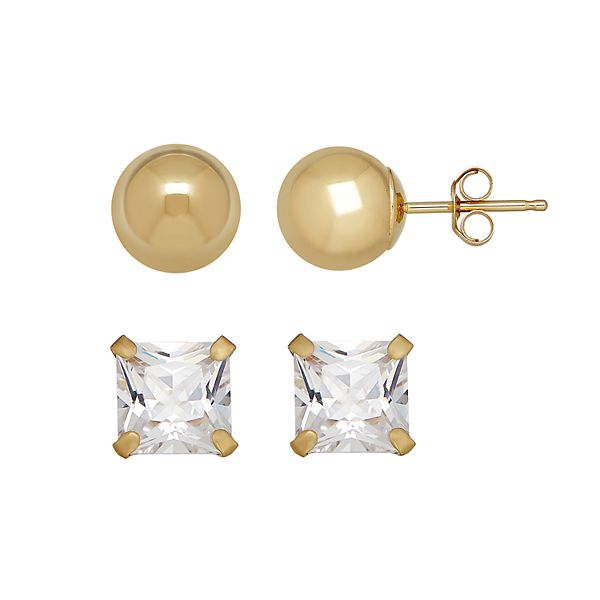 Everlasting Gold 14k Gold Cubic Zirconia Ball Stud Earring Set