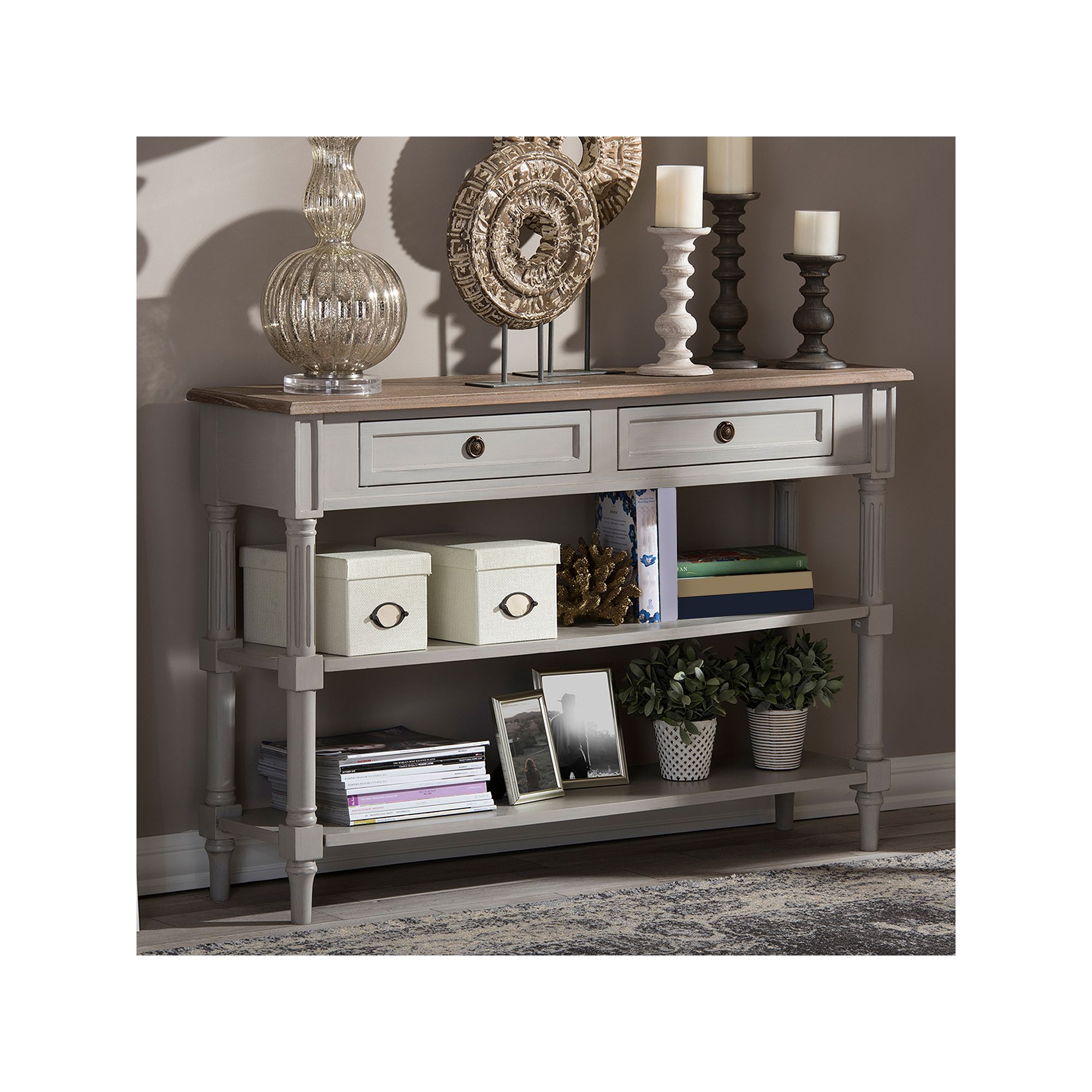 Baxton Studio Farmhouse Shabby Chic 2-Drawer Console Table, Brown