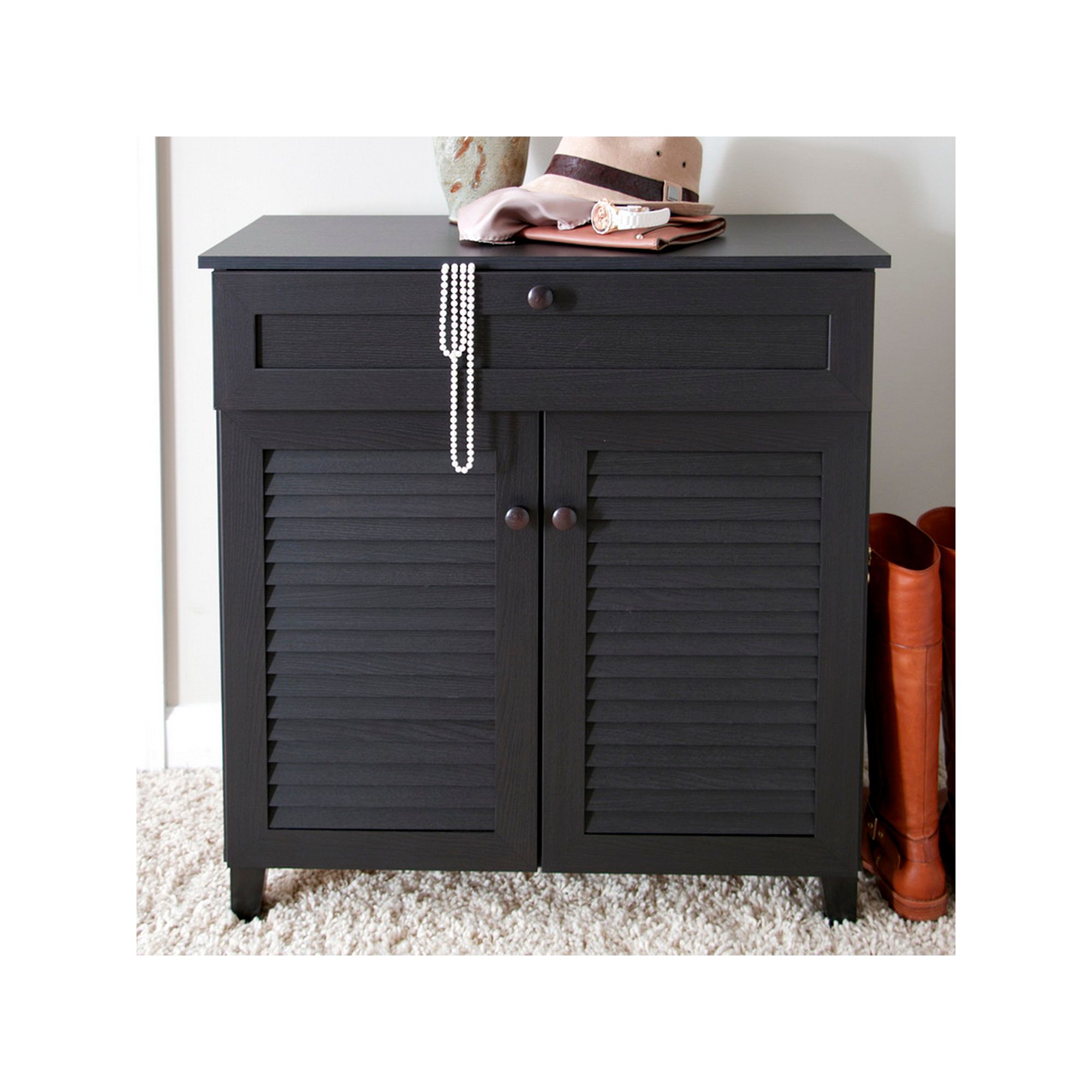 Baxton Studio Calvin Shutter Door Storage Cabinet, Dark Brown