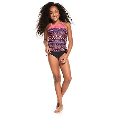 Girls 7-16 SO® Mesh Yoke Tribal Pattern Tankini Top & Bottoms Swimsuit Set 