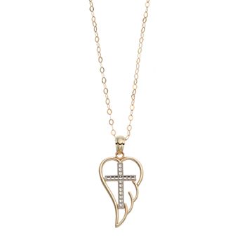Two Tone 10k Gold Angel Wing & Cross Pendant Necklace