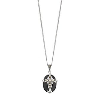 Tori Hill Sterling Silver Oval Onyx & Marcasite Cross Pendant