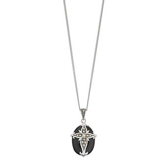 Tori Hill Sterling Silver Oval Onyx & Marcasite Cross Pendant