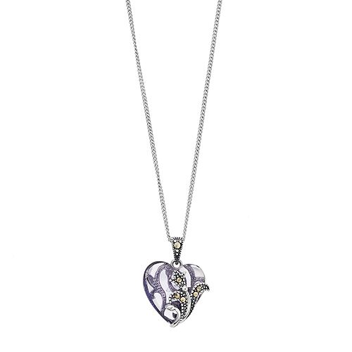 Tori Hill Sterling Silver Purple Glass & Marcasite Heart Pendant
