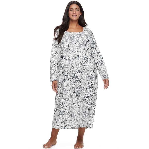 Casual Nights Women's Long Floral & Lace Henley Nightgown - Green