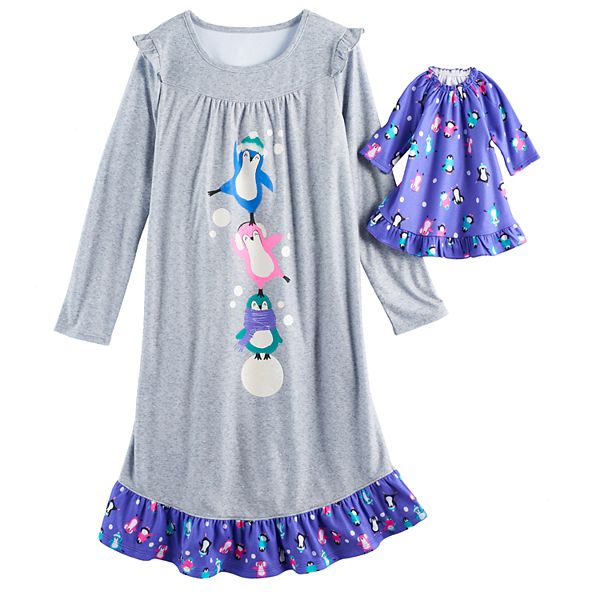 Girls 414 SO® Penguin Nightgown & Doll Gown Pajama Set