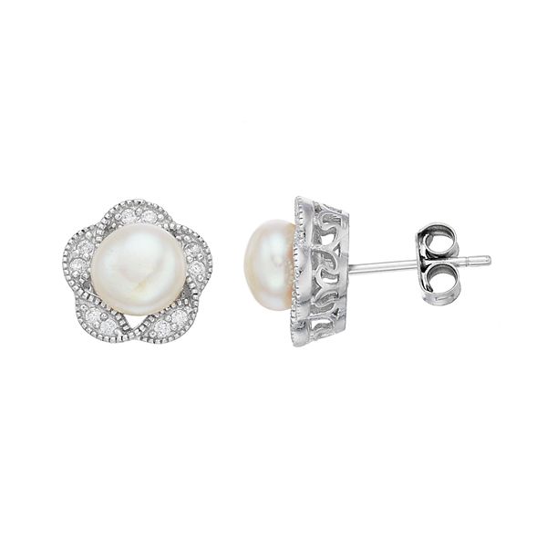 Sterling Silver Freshwater Cultured Pearl & Cubic Zirconia Flower Stud ...