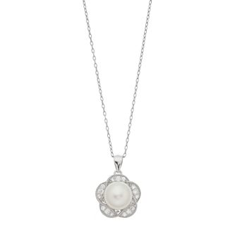 Sterling Silver Freshwater Cultured Pearl Cubic Zirconia Flower Pendant