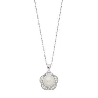 Sterling Silver Freshwater Cultured Pearl Cubic Zirconia Flower Pendant