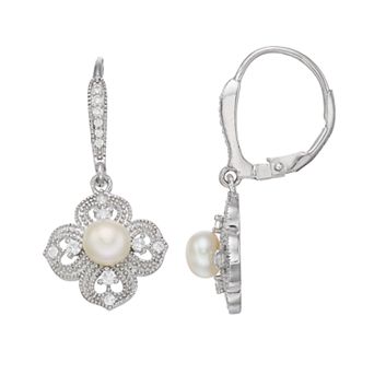 Sterling Silver Freshwater Cultured Pearl & Cubic Zirconia Flower Drop Earrings