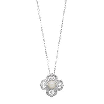 Sterling Silver Freshwater Cultured Pearl Cubic Zirconia Flower Pendant Necklace
