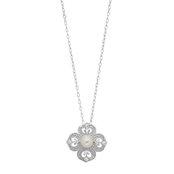 Sterling Silver Freshwater Cultured Pearl Cubic Zirconia Flower Pendant Necklace