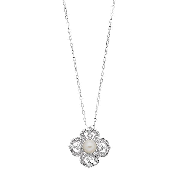 Sterling Silver Freshwater Cultured Pearl Cubic Zirconia Flower Pendant ...