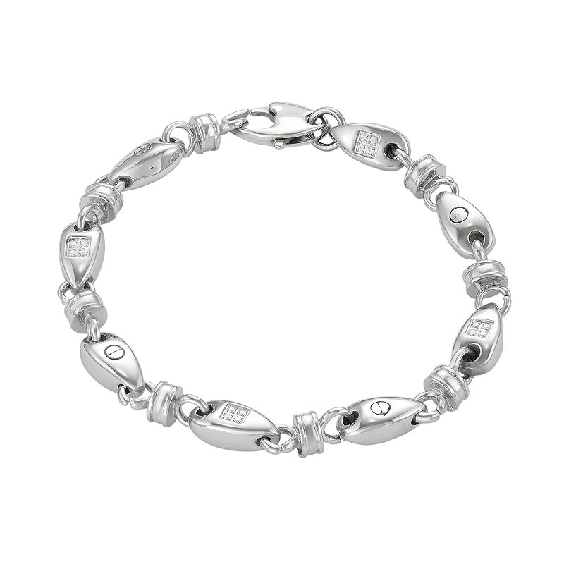 Mens Stainless Steel Cubic Zirconia Oval Link Bracelet, Size: 8.5, Whit