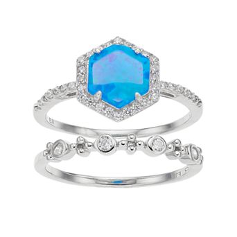 Sterling Silver Lab-Created Blue Opal & Cubic Zirconia Halo Hexagon Ring Set