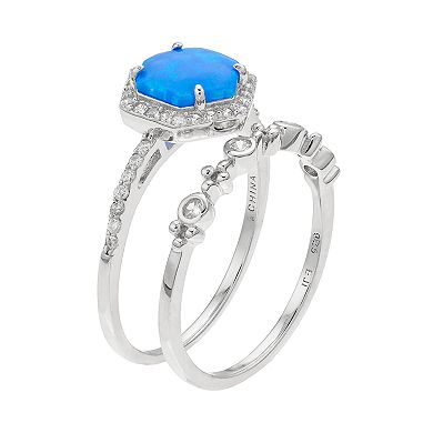 Sterling Silver Lab-Created Blue Opal & Cubic Zirconia Halo Hexagon Ring Set