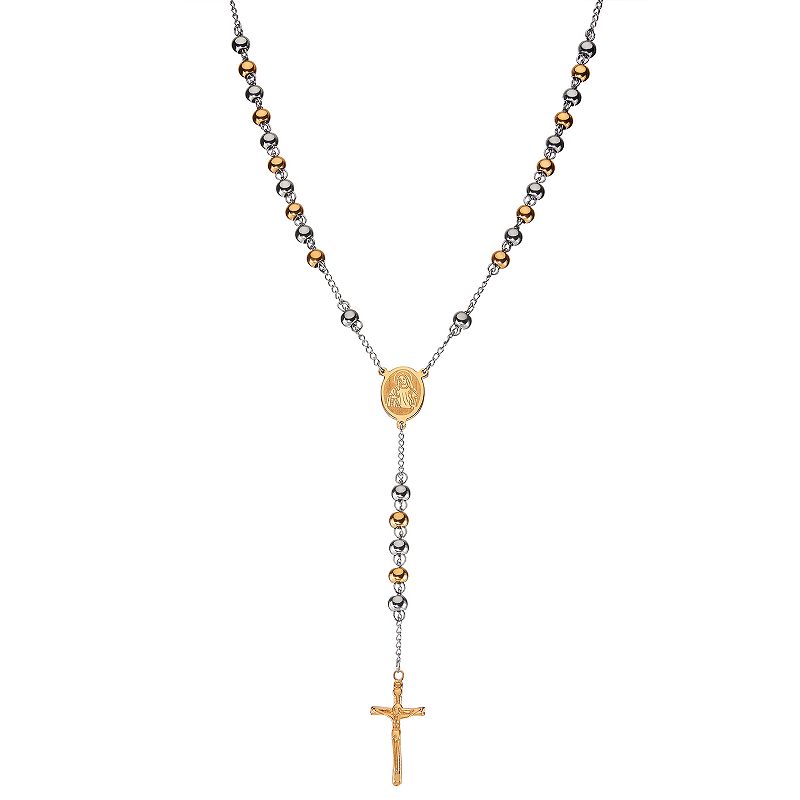 Two Tone Stainless Steel Beaded Rosary Necklace, Womens, Size: 24, Whit