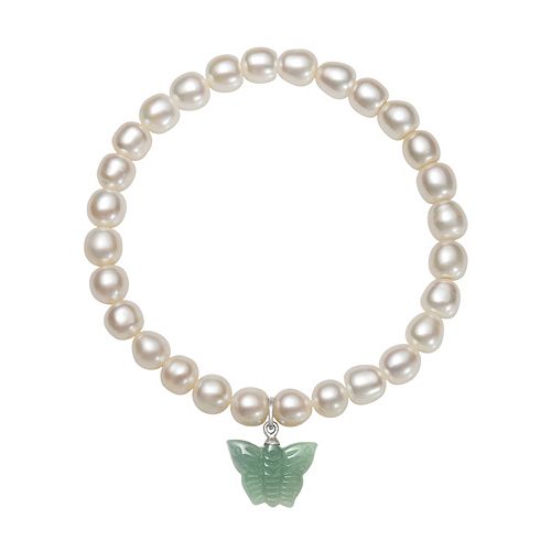 Sterling Silver Freshwater Cultured Pearl & Jade Butterfly Stretch Bracelet
