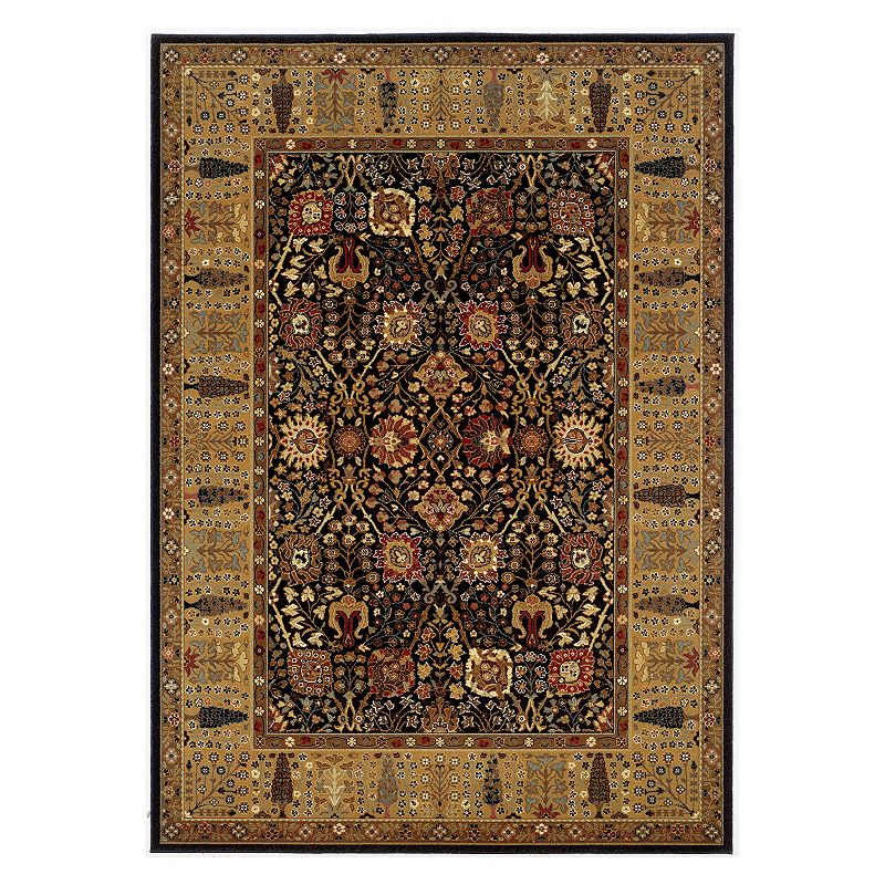 Couristan Royal Kashimar Cypress Garden Framed Floral Wool Rug, Black Deep Brown, 6.5Ft Sq