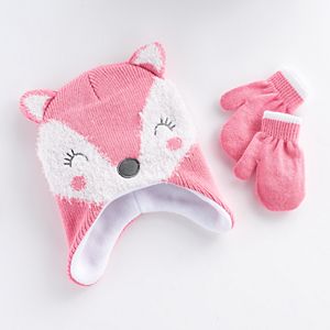 Baby Girl Fox Knit Hat & Mittens Set