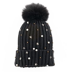 madden NYC Women's Star Studded Pom Pom Beanie