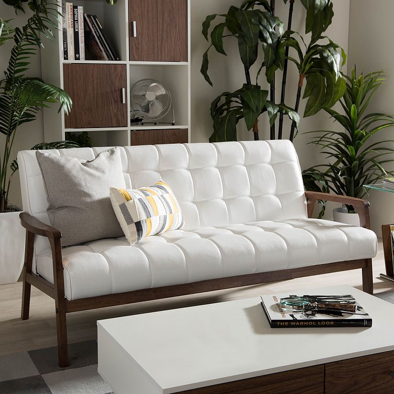 Baxton Studio Mid-Century Faux-Leather Sofa, White