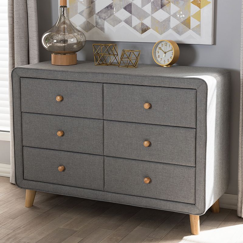 Baxton Studio Jonesy Upholstered 6-Drawer Dresser, Grey
